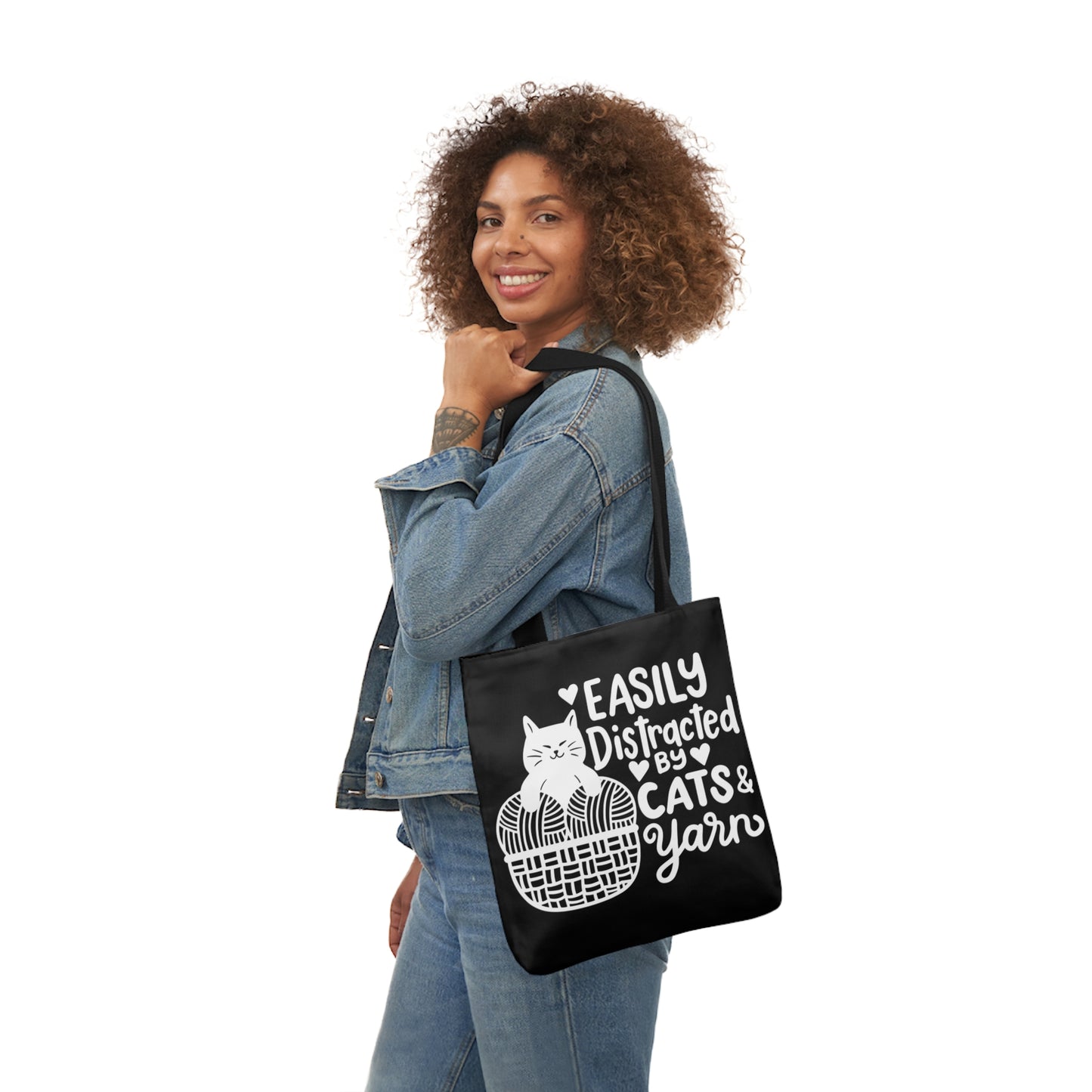 Easily distracted By Cats and Yarn, Canvas Tote Bag, 5-Color Straps, 3 Sizes Yarn Bag
