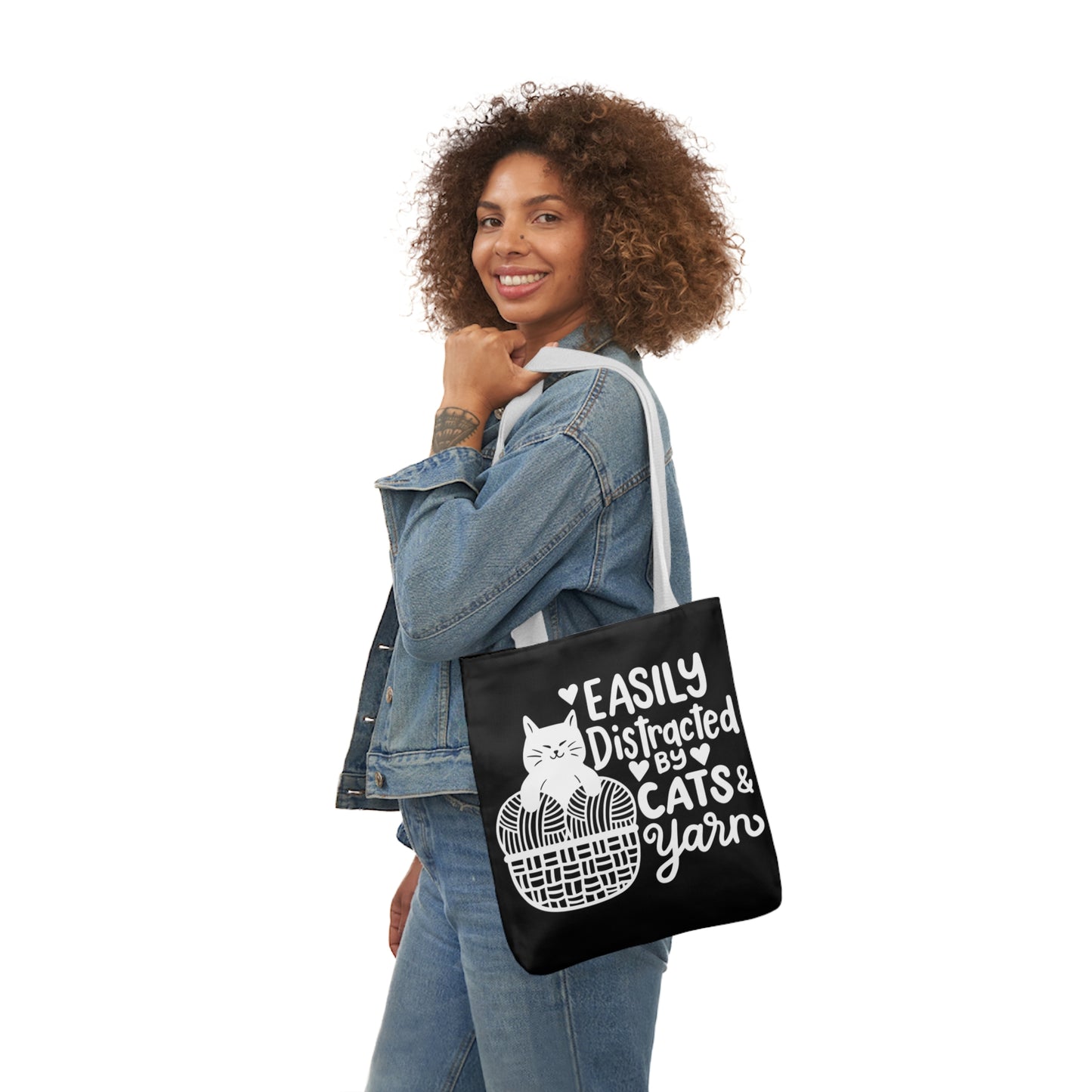 Easily distracted By Cats and Yarn, Canvas Tote Bag, 5-Color Straps, 3 Sizes Yarn Bag