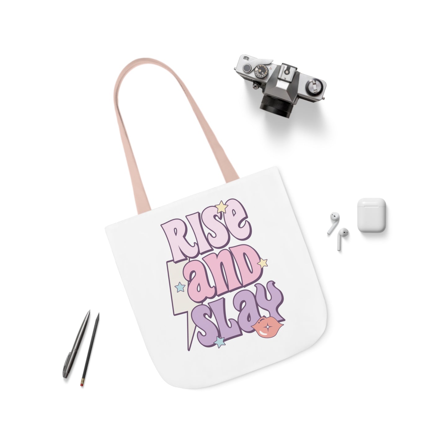 Canvas Tote Bag, 5-Color Straps, 3 Sizes, Rise and Slay, Cute Saying Bag
