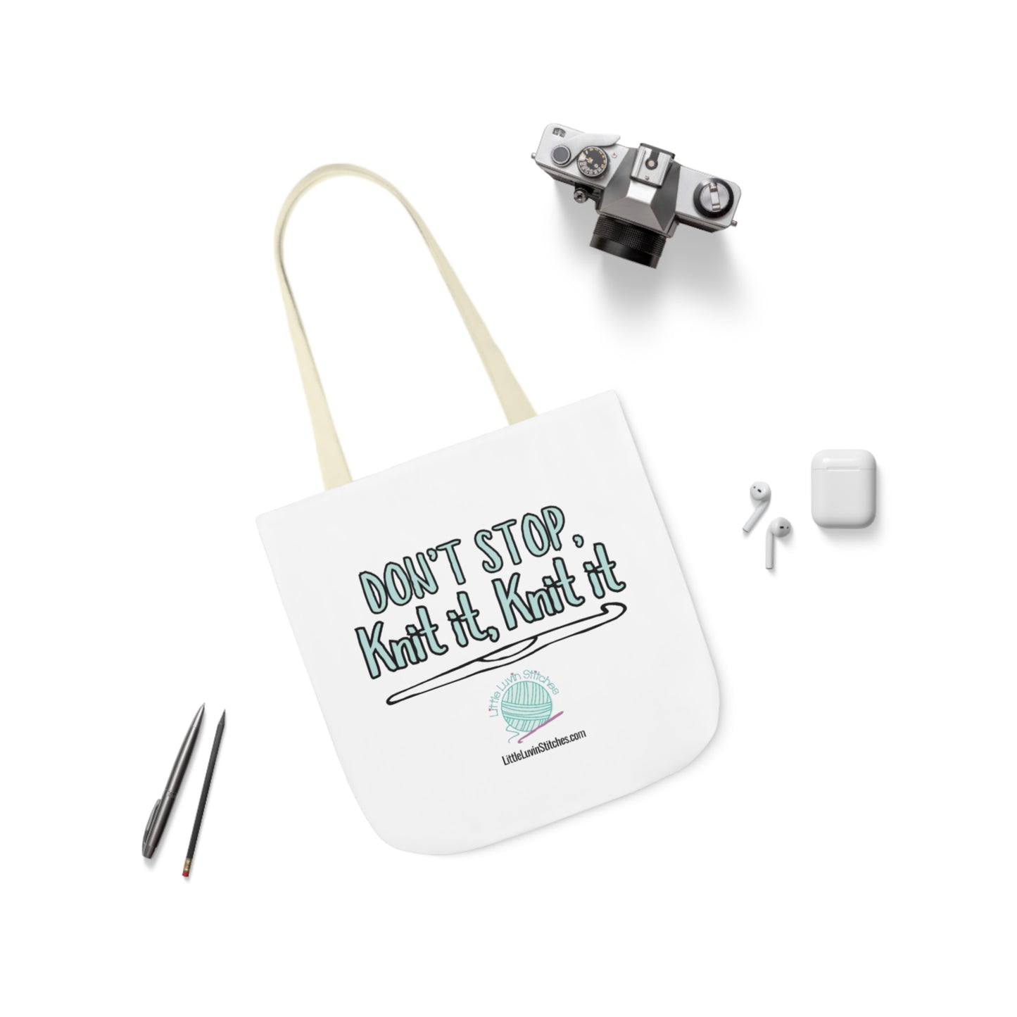 Don't Stop Knit It Knit It Funny Saying Canvas Tote Bag, 5-Color Straps, 3 Sizes