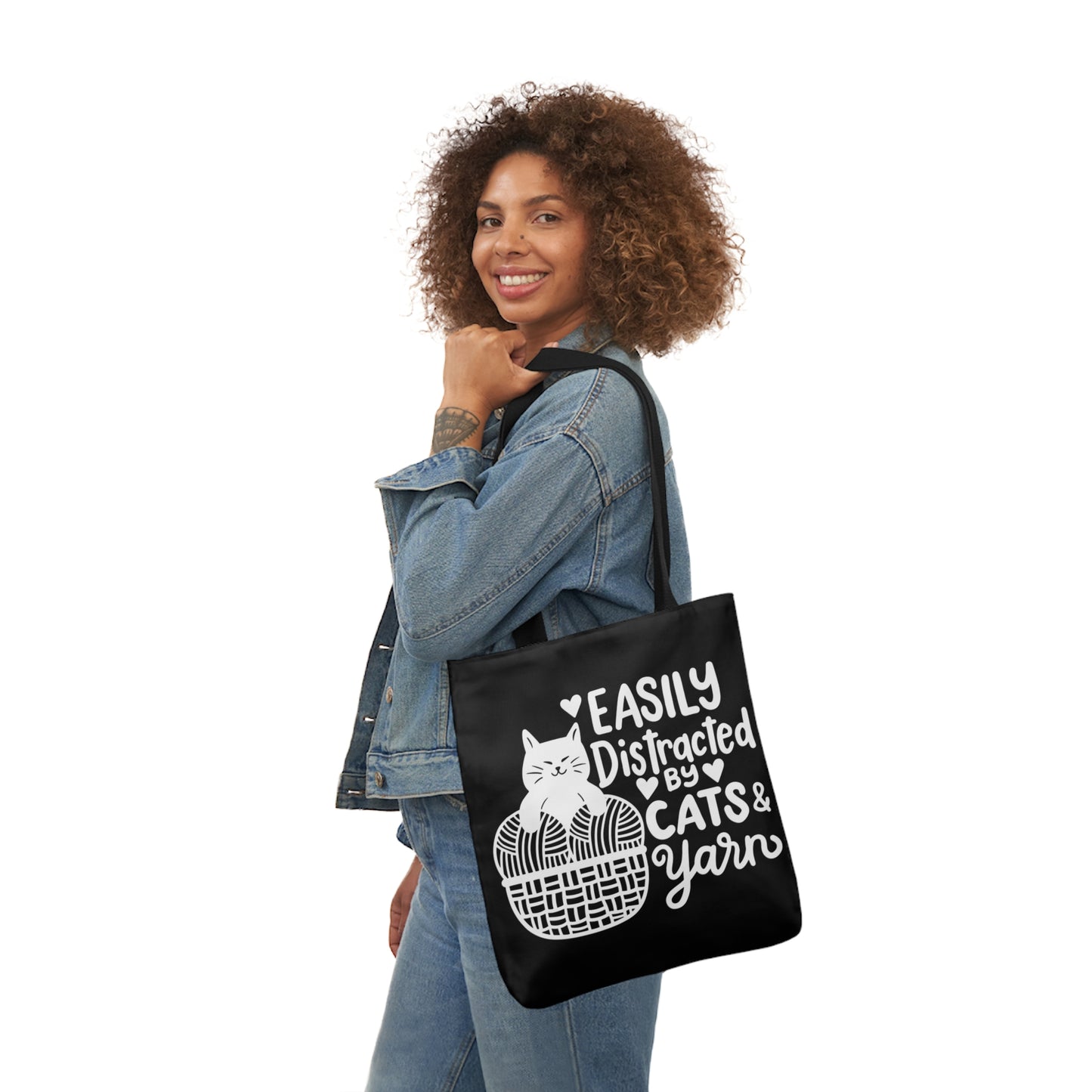 Easily distracted By Cats and Yarn, Canvas Tote Bag, 5-Color Straps, 3 Sizes Yarn Bag
