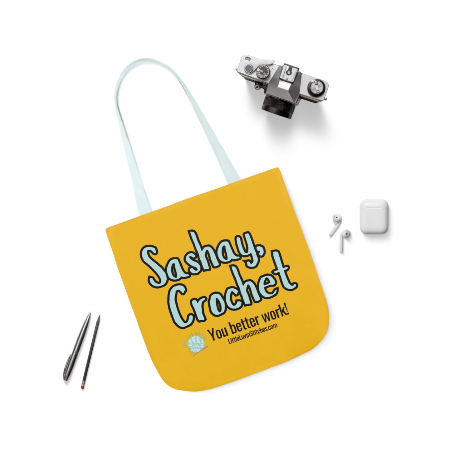 Sashay Crochet Cute Saying Canvas Tote Bag, 5-Color Straps, 3 Sizes