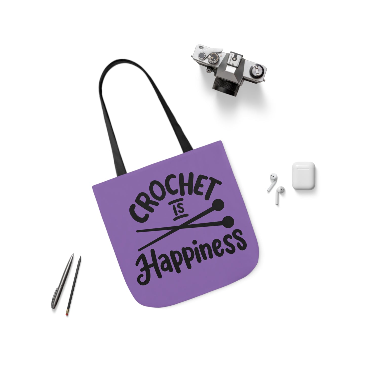 Crochet is Happiness Canvas Tote Bag, 5-Color Straps, 3 Sizes