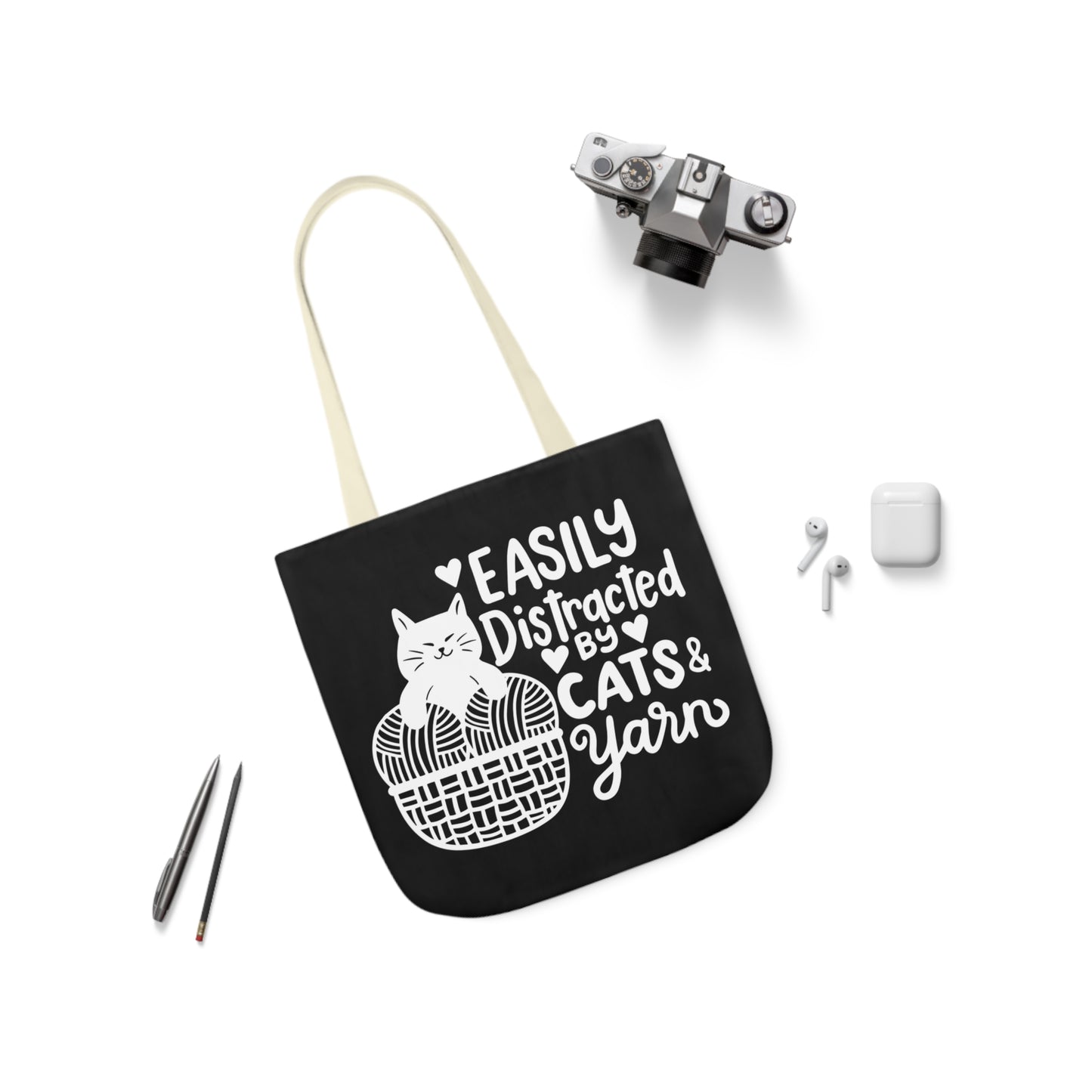 Easily distracted By Cats and Yarn, Canvas Tote Bag, 5-Color Straps, 3 Sizes Yarn Bag