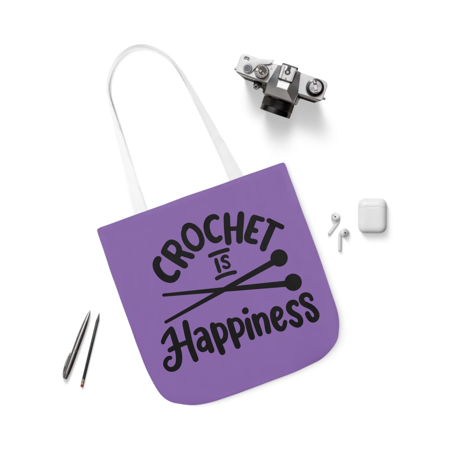 Crochet is Happiness Canvas Tote Bag, 5-Color Straps, 3 Sizes