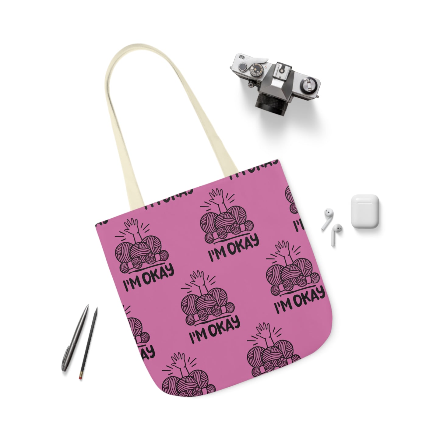 I'm Okay Pattern Canvas Tote Bag, 5-Color Straps, 3 Background Colors, 3 Sizes