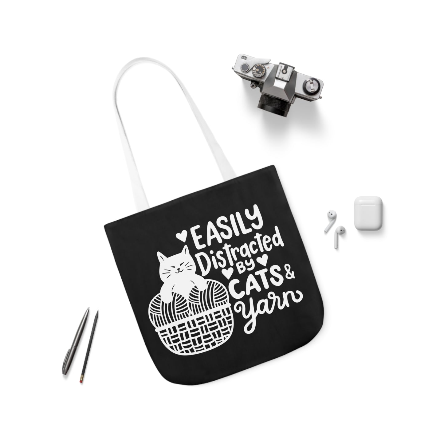 Easily distracted By Cats and Yarn, Canvas Tote Bag, 5-Color Straps, 3 Sizes Yarn Bag