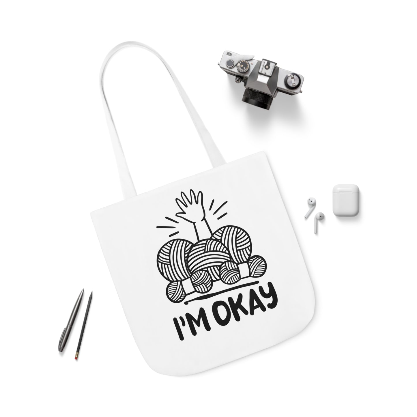 I'm Okay Cute Crochet Themed Canvas Tote Bag, 5-Color Straps