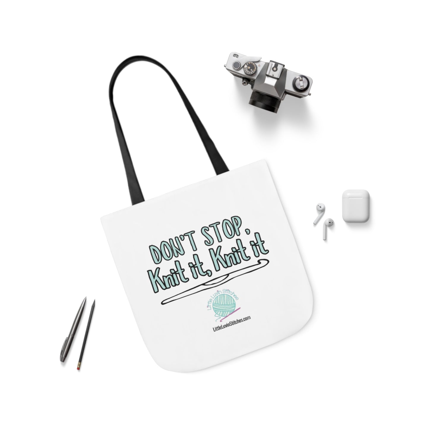 Don't Stop Knit It Knit It Funny Saying Canvas Tote Bag, 5-Color Straps, 3 Sizes