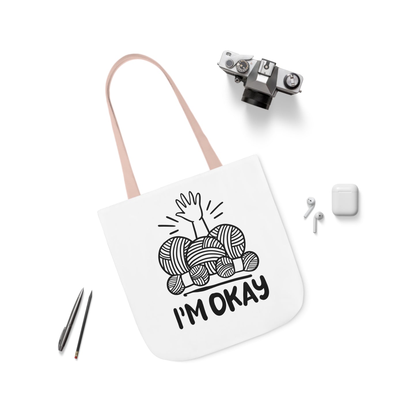 I'm Okay Cute Crochet Themed Canvas Tote Bag, 5-Color Straps