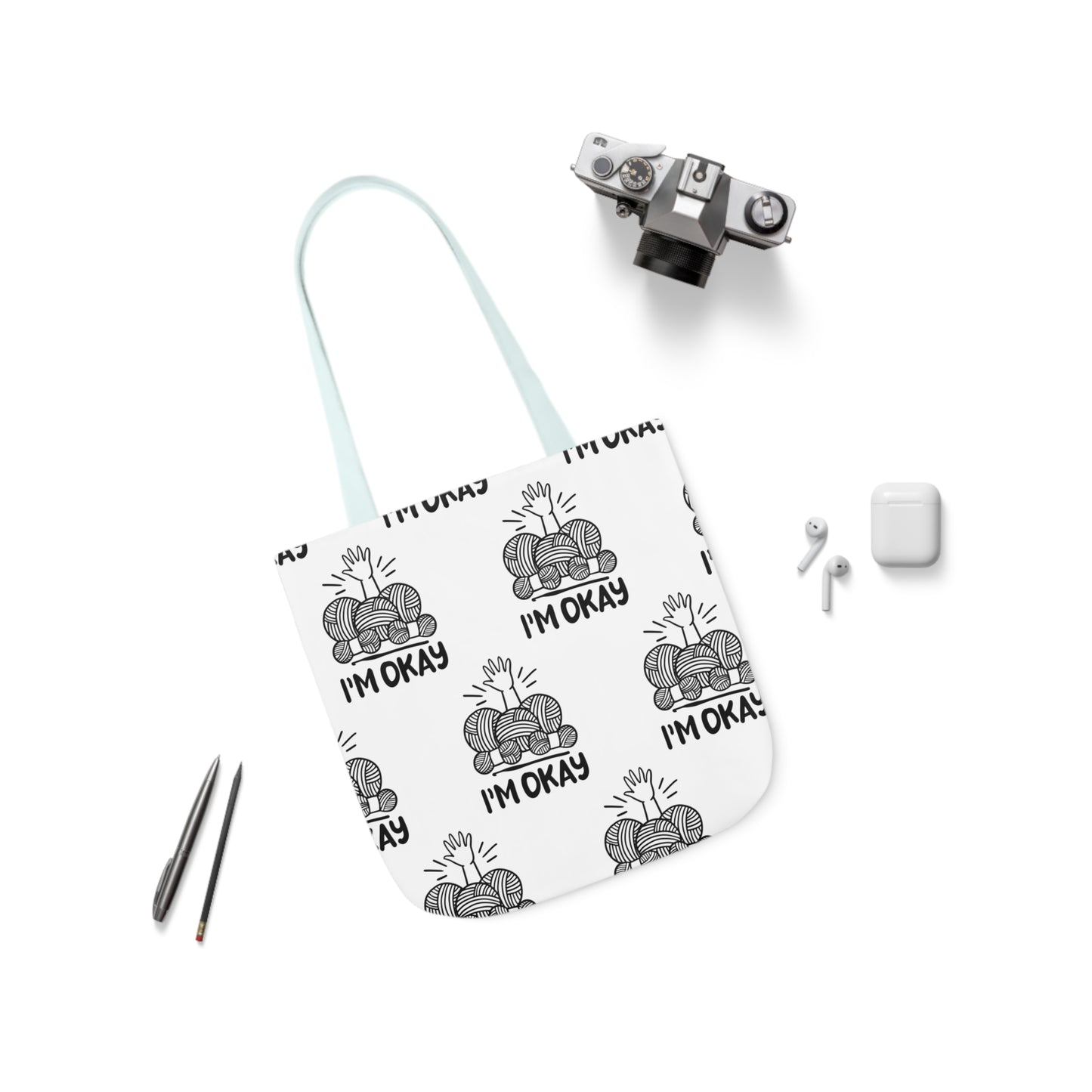 I'm Okay Pattern Canvas Tote Bag, 5-Color Straps, 3 Background Colors, 3 Sizes