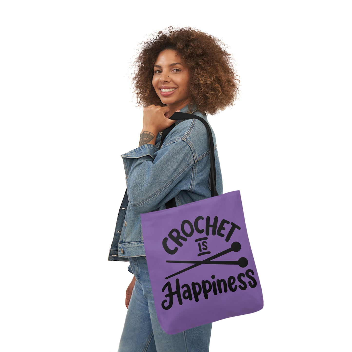 Crochet is Happiness Canvas Tote Bag, 5-Color Straps, 3 Sizes