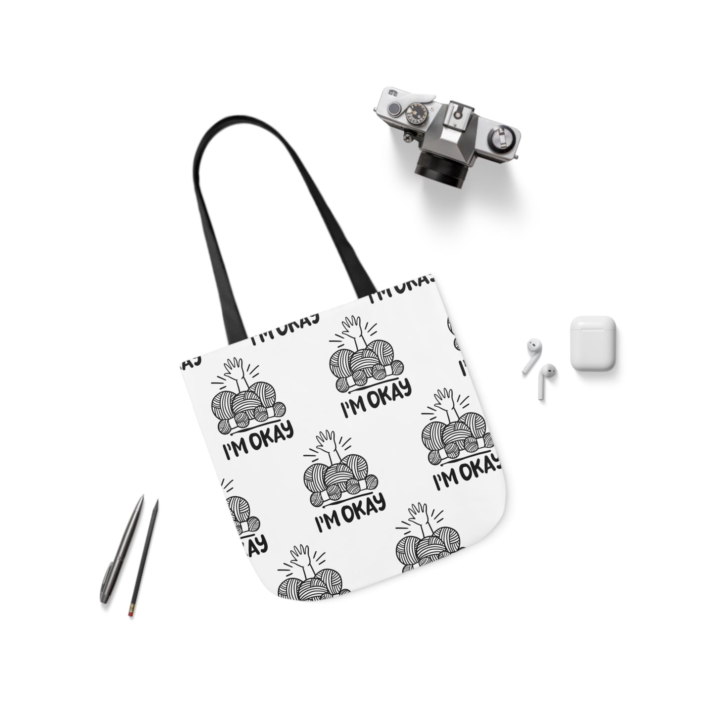 I'm Okay Pattern Canvas Tote Bag, 5-Color Straps, 3 Background Colors, 3 Sizes