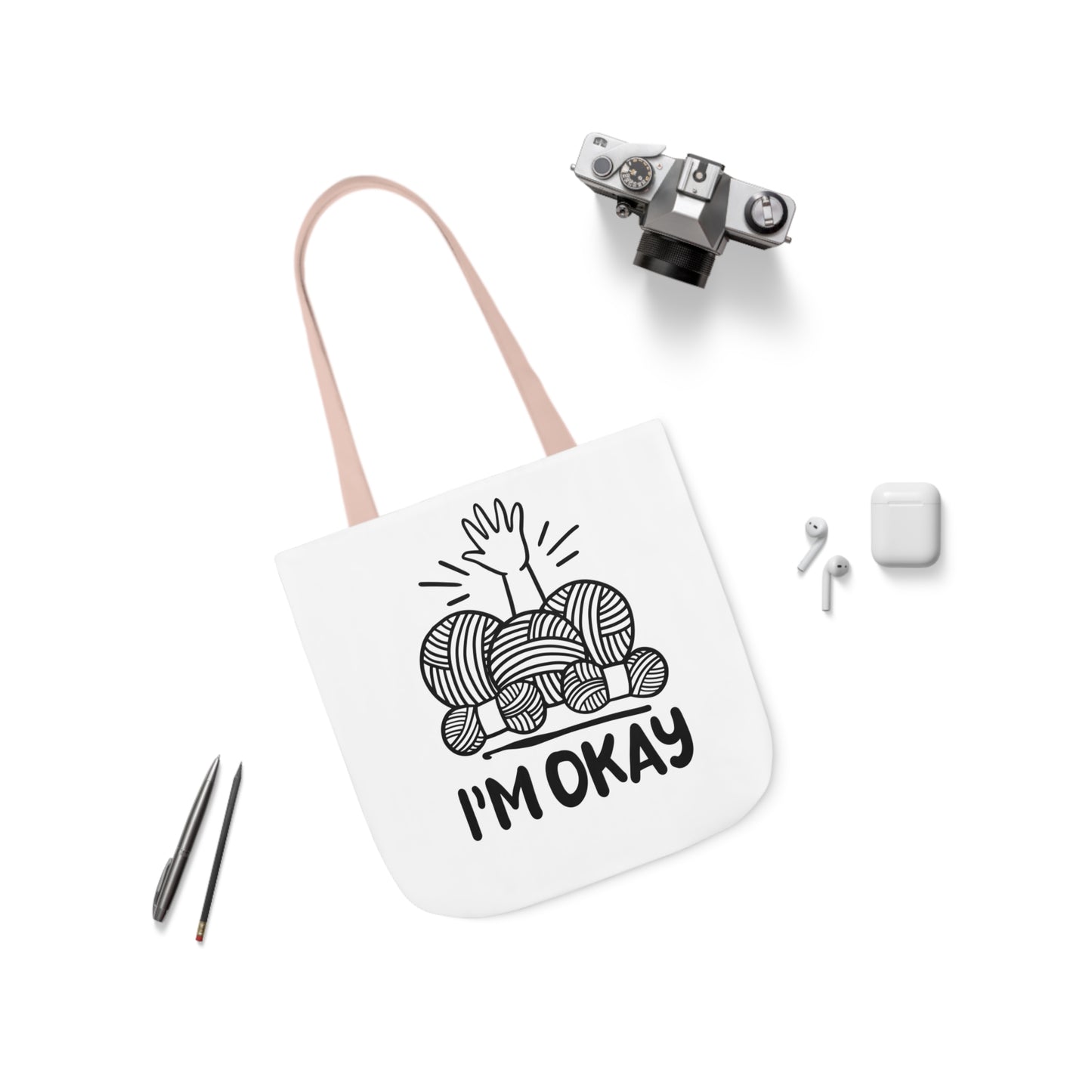 I'm Okay Cute Crochet Themed Canvas Tote Bag, 5-Color Straps