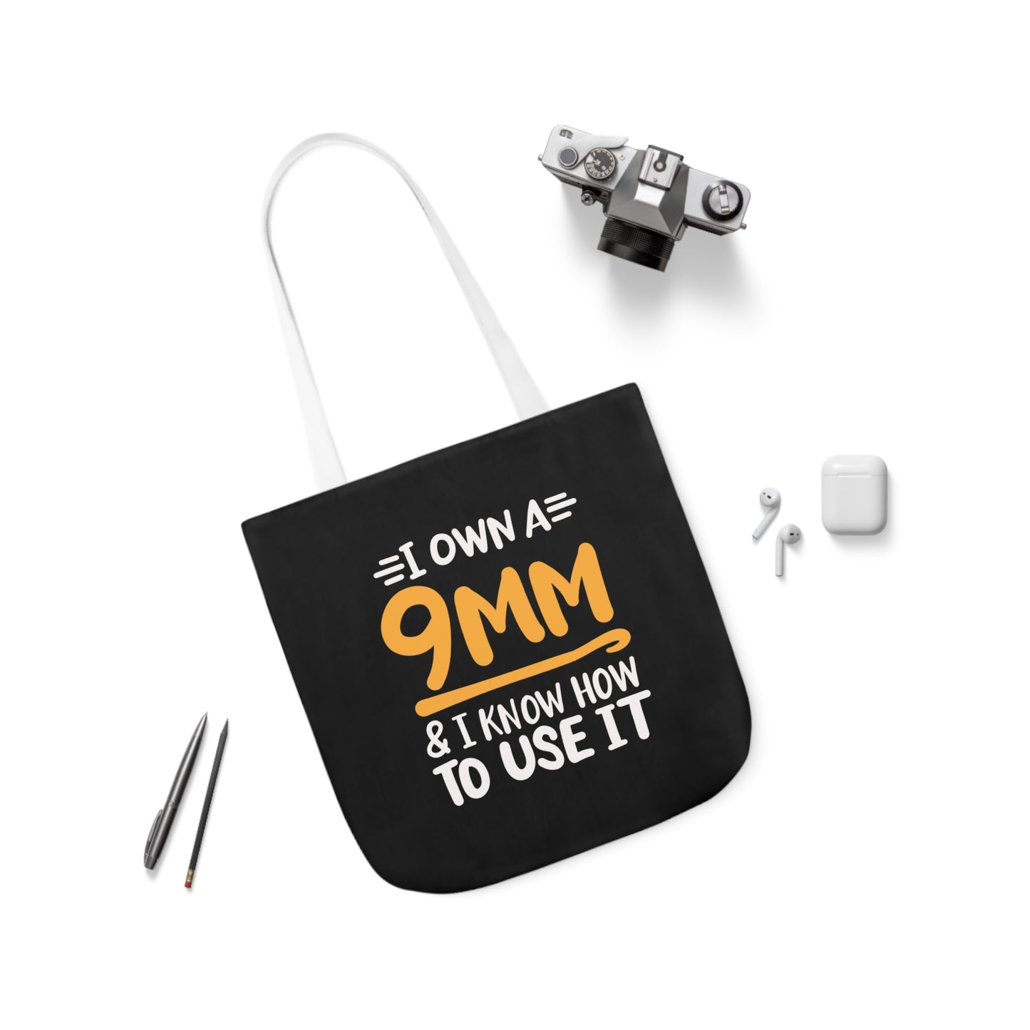 I own a 9mm and I know how to use it, Canvas Tote Bag, 3 Color Choices, 5-Color Straps, 3 Sizes