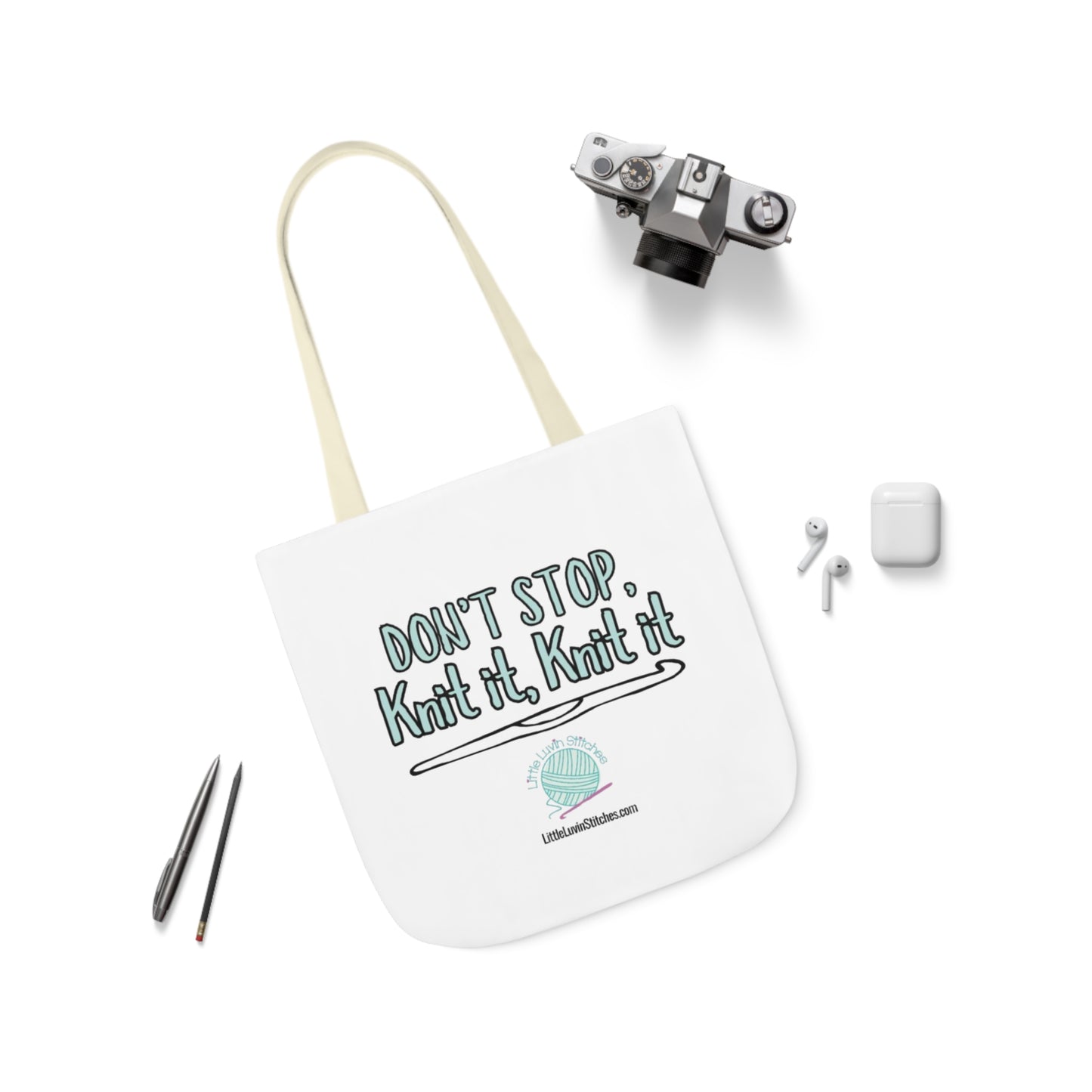 Don't Stop Knit It Knit It Funny Saying Canvas Tote Bag, 5-Color Straps, 3 Sizes