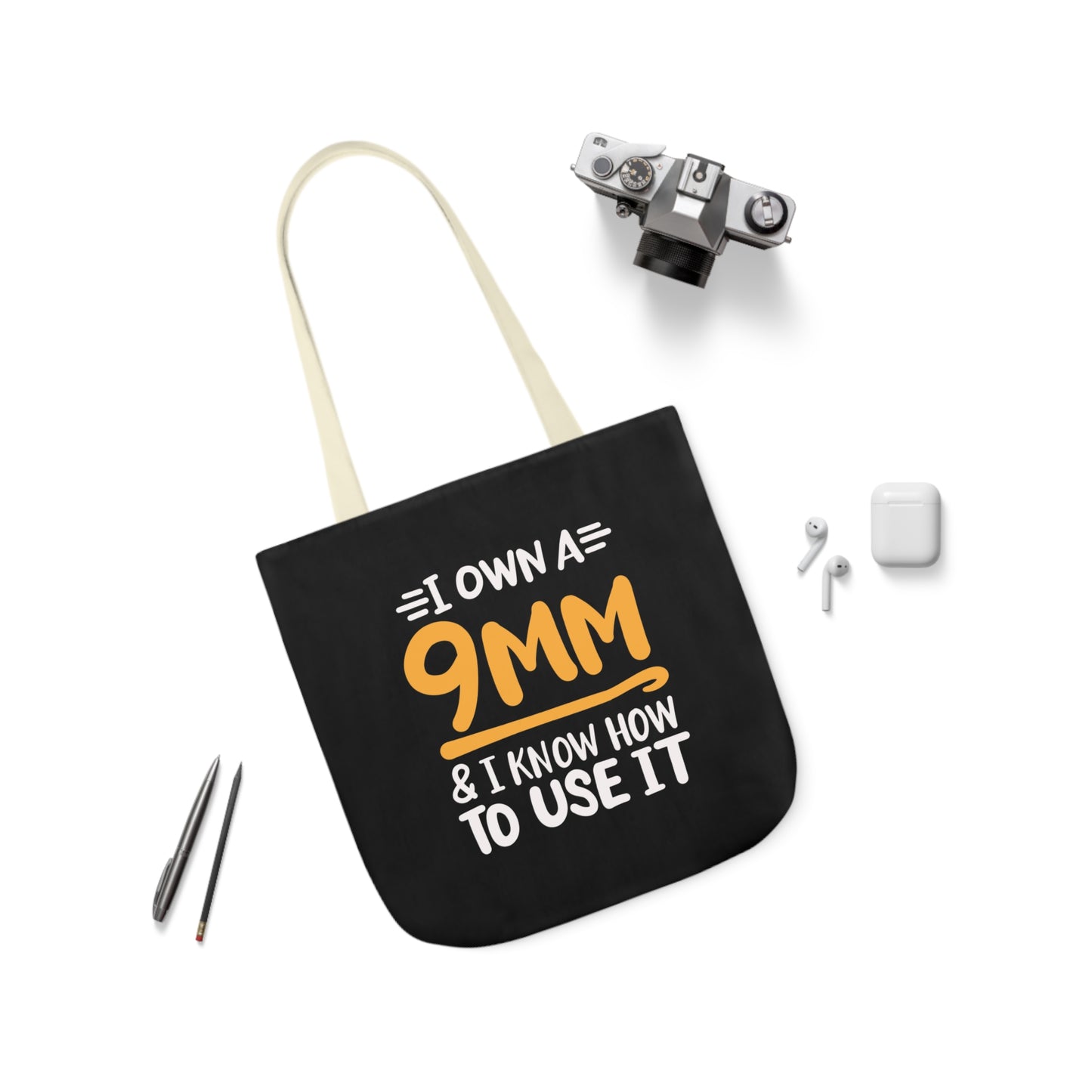 I own a 9mm and I know how to use it, Canvas Tote Bag, 3 Color Choices, 5-Color Straps, 3 Sizes