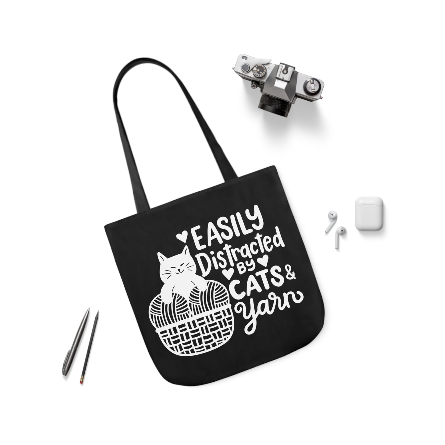Easily distracted By Cats and Yarn, Canvas Tote Bag, 5-Color Straps, 3 Sizes Yarn Bag