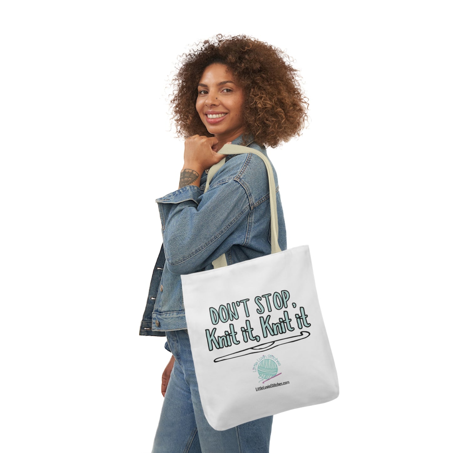 Don't Stop Knit It Knit It Funny Saying Canvas Tote Bag, 5-Color Straps, 3 Sizes