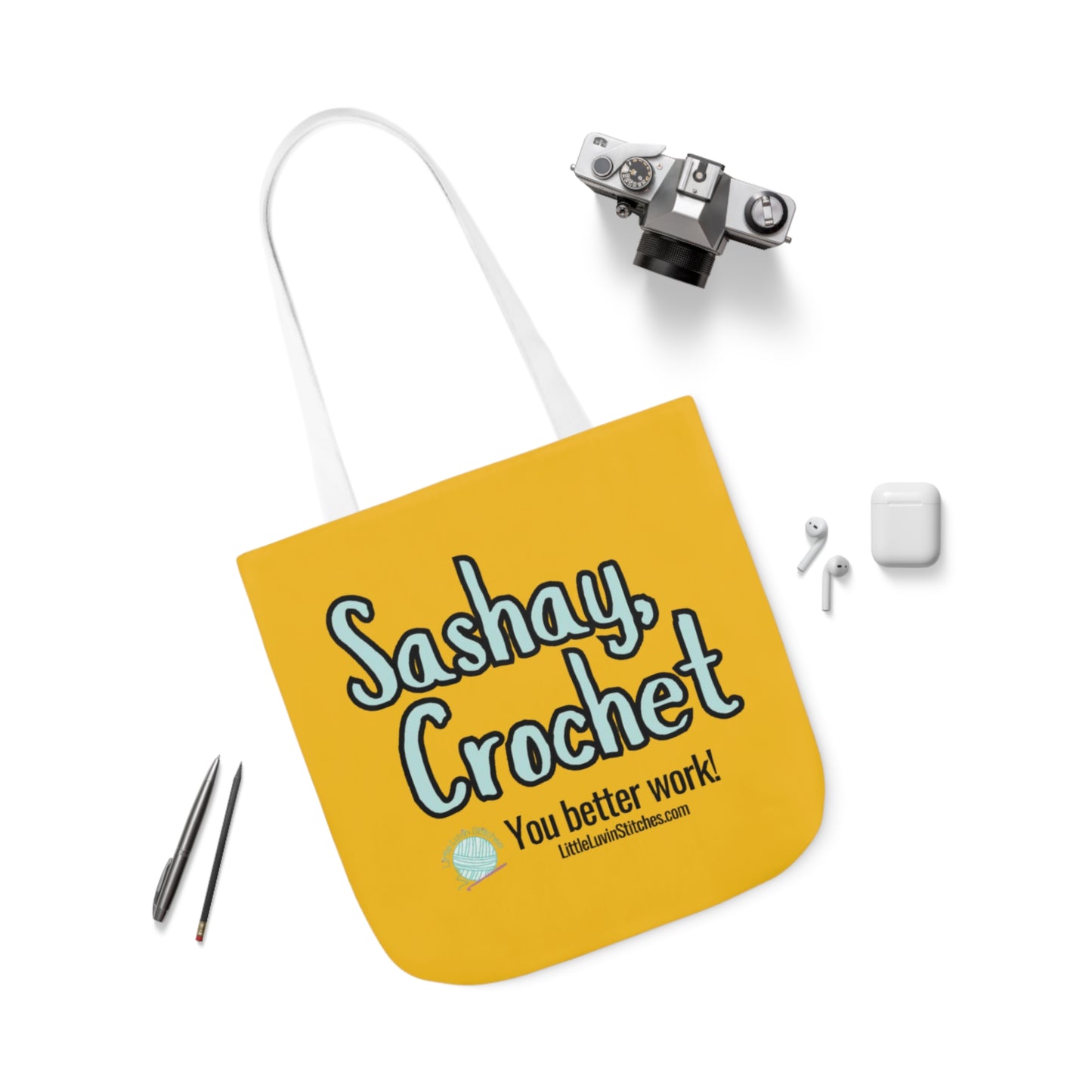Sashay Crochet Cute Saying Canvas Tote Bag, 5-Color Straps, 3 Sizes