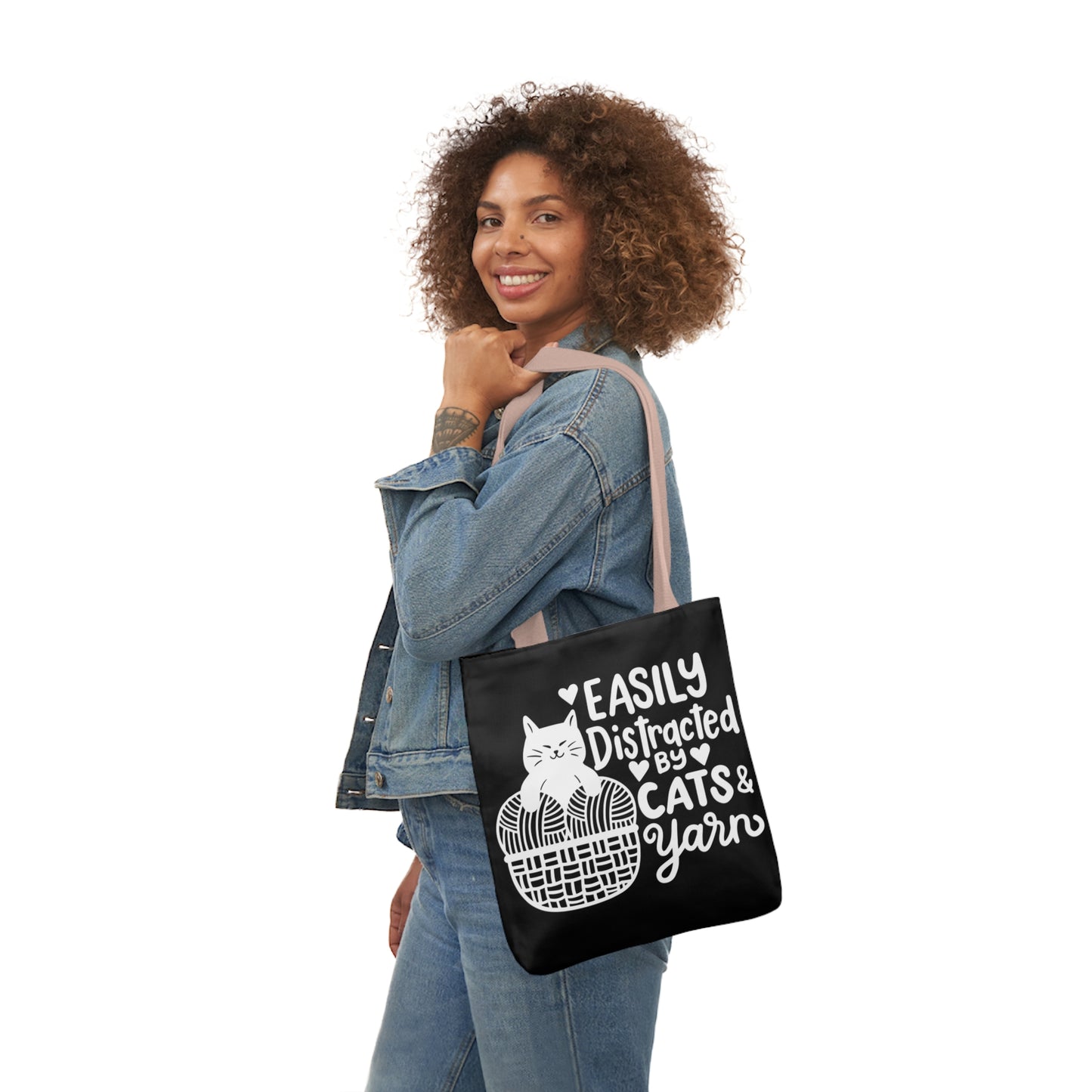 Easily distracted By Cats and Yarn, Canvas Tote Bag, 5-Color Straps, 3 Sizes Yarn Bag
