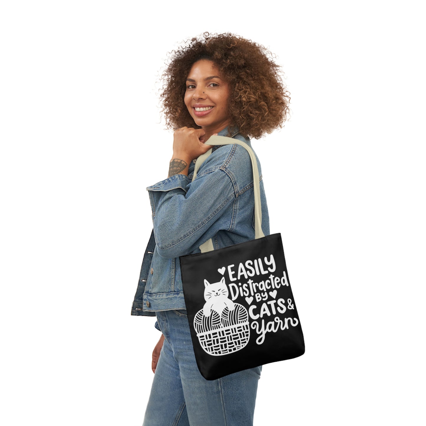 Easily distracted By Cats and Yarn, Canvas Tote Bag, 5-Color Straps, 3 Sizes Yarn Bag