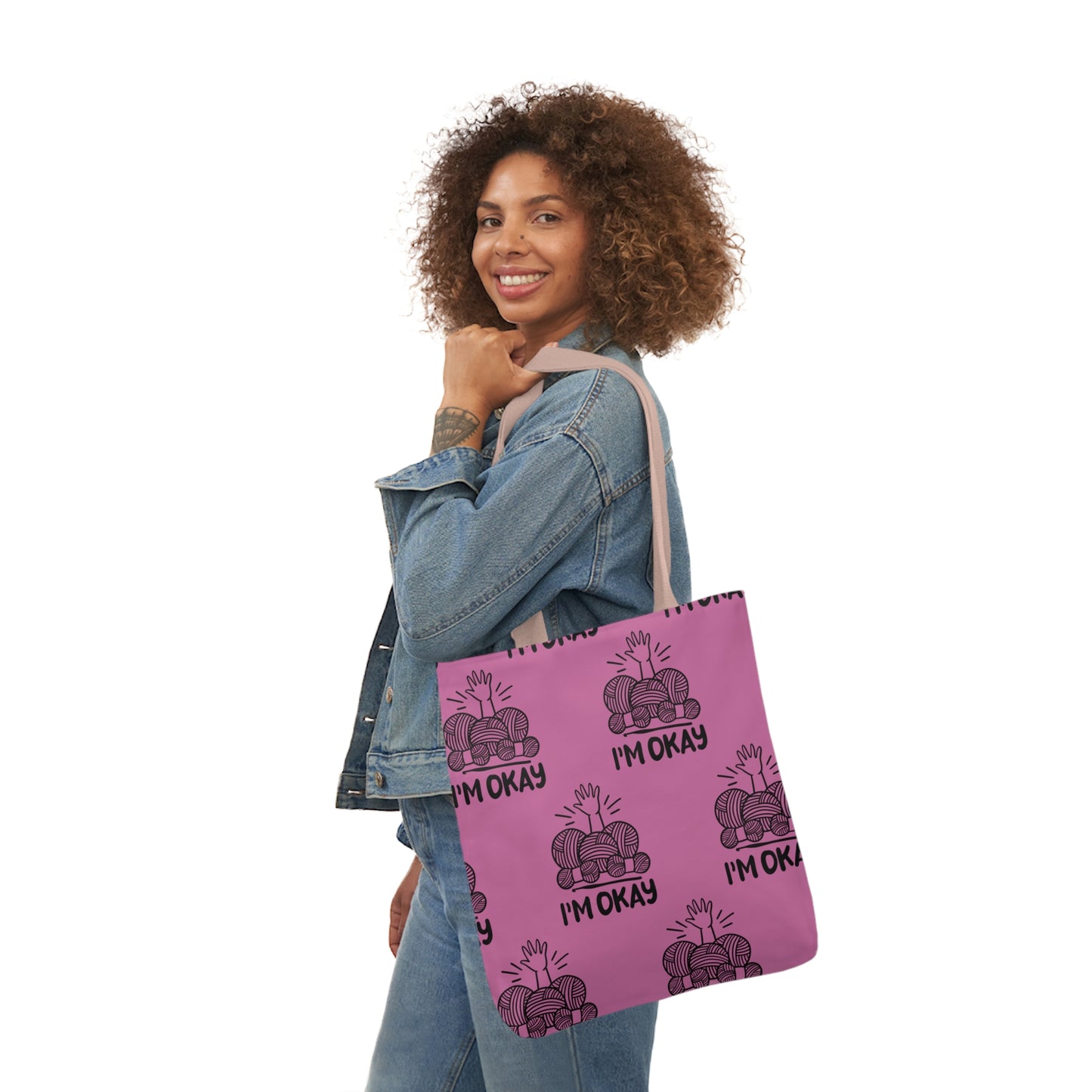 I'm Okay Pattern Canvas Tote Bag, 5-Color Straps, 3 Background Colors, 3 Sizes
