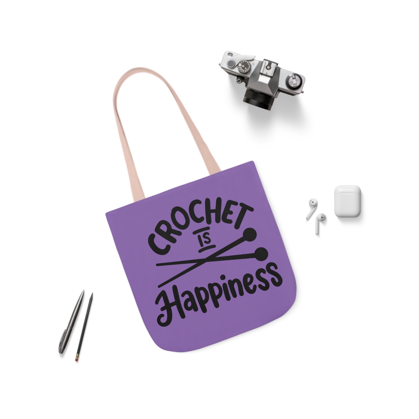 Crochet is Happiness Canvas Tote Bag, 5-Color Straps, 3 Sizes