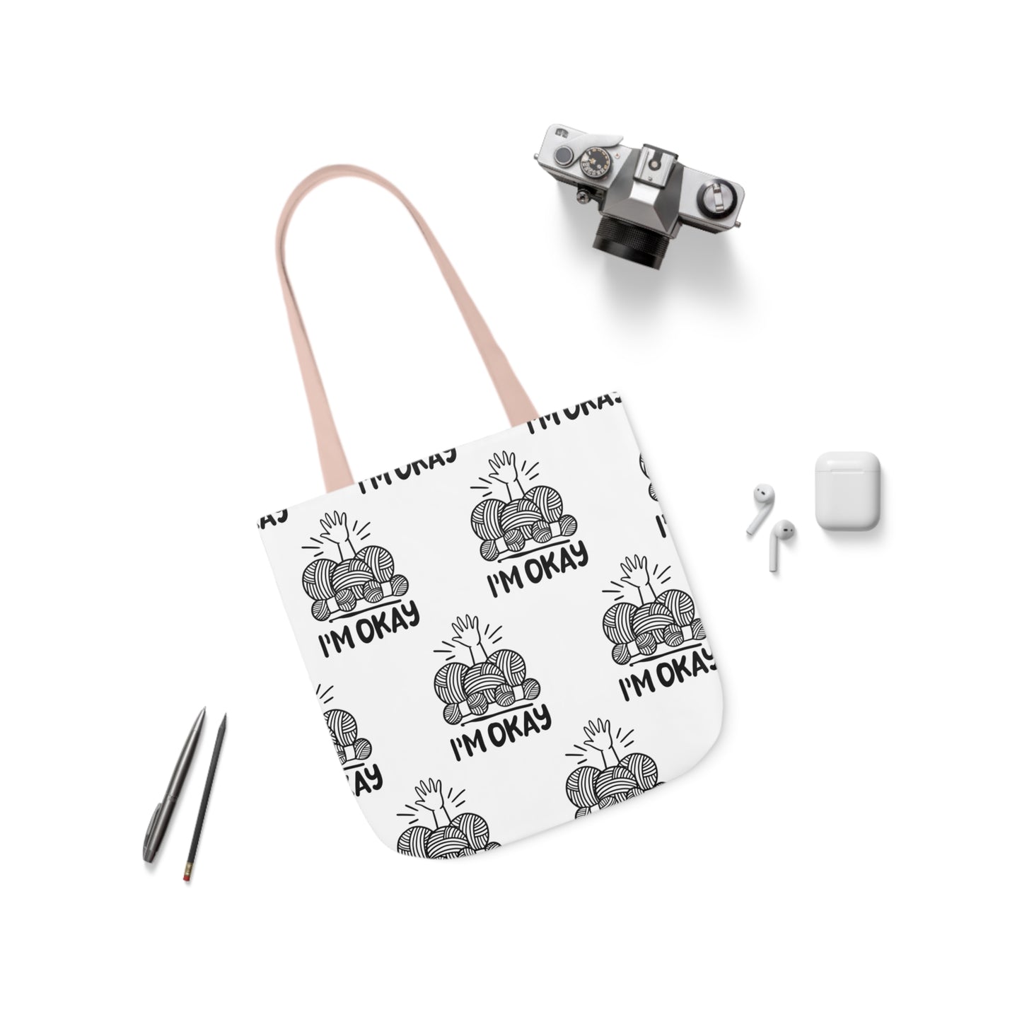 I'm Okay Pattern Canvas Tote Bag, 5-Color Straps, 3 Background Colors, 3 Sizes