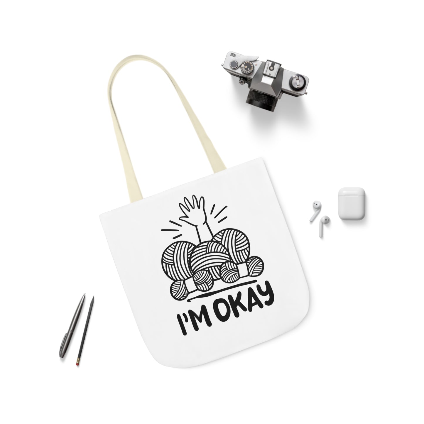 I'm Okay Cute Crochet Themed Canvas Tote Bag, 5-Color Straps