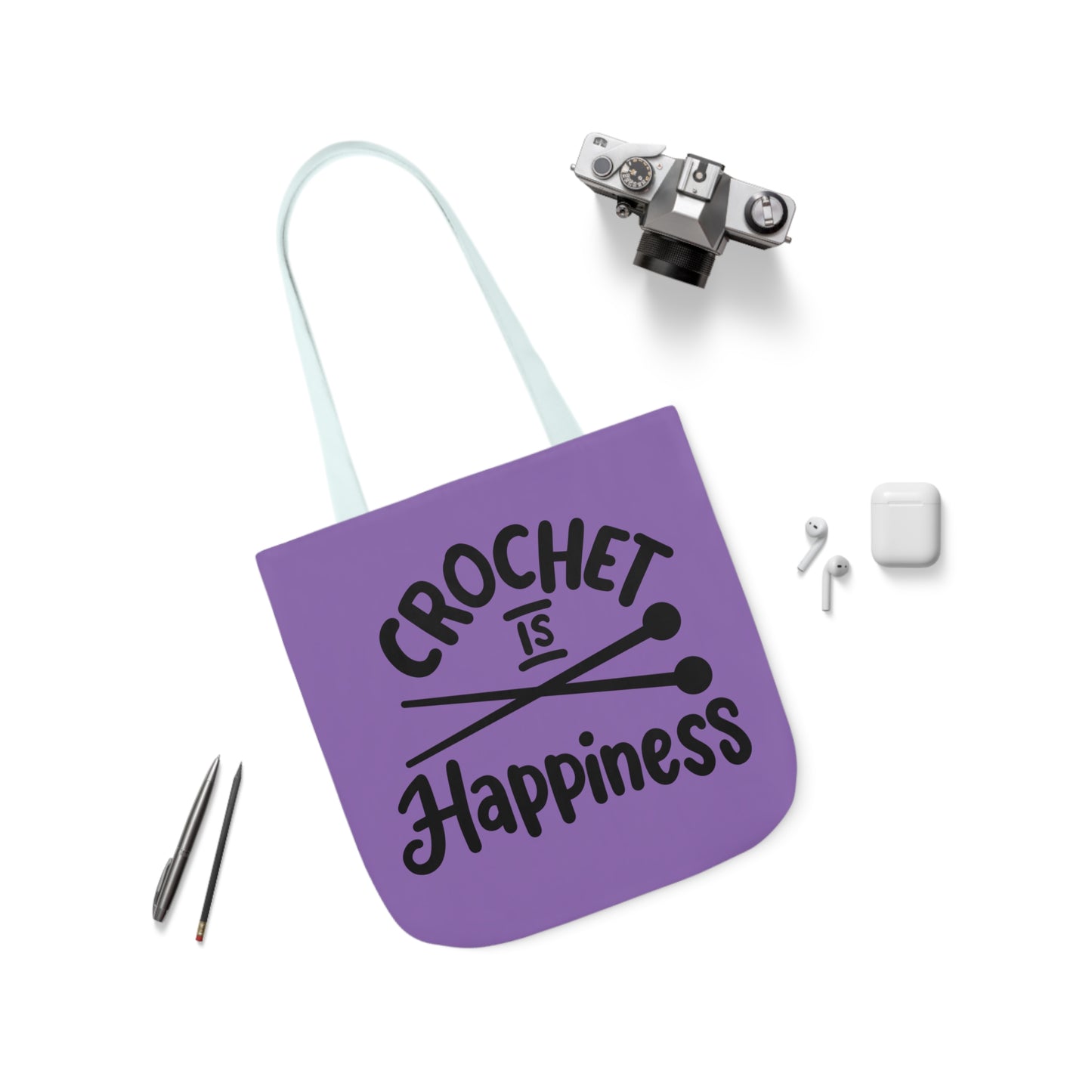 Crochet is Happiness Canvas Tote Bag, 5-Color Straps, 3 Sizes