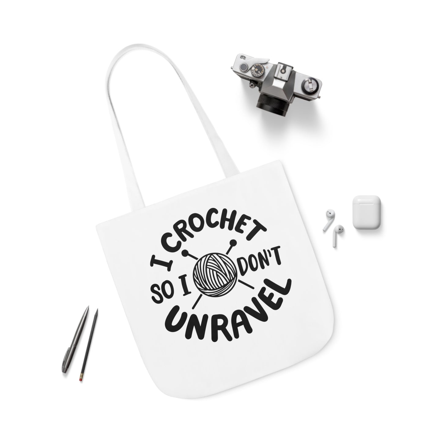 I Crochet So I Don't Unravel Cute Canvas Tote Bag, 5-Color Straps, 3 Sizes, Yarn Bag