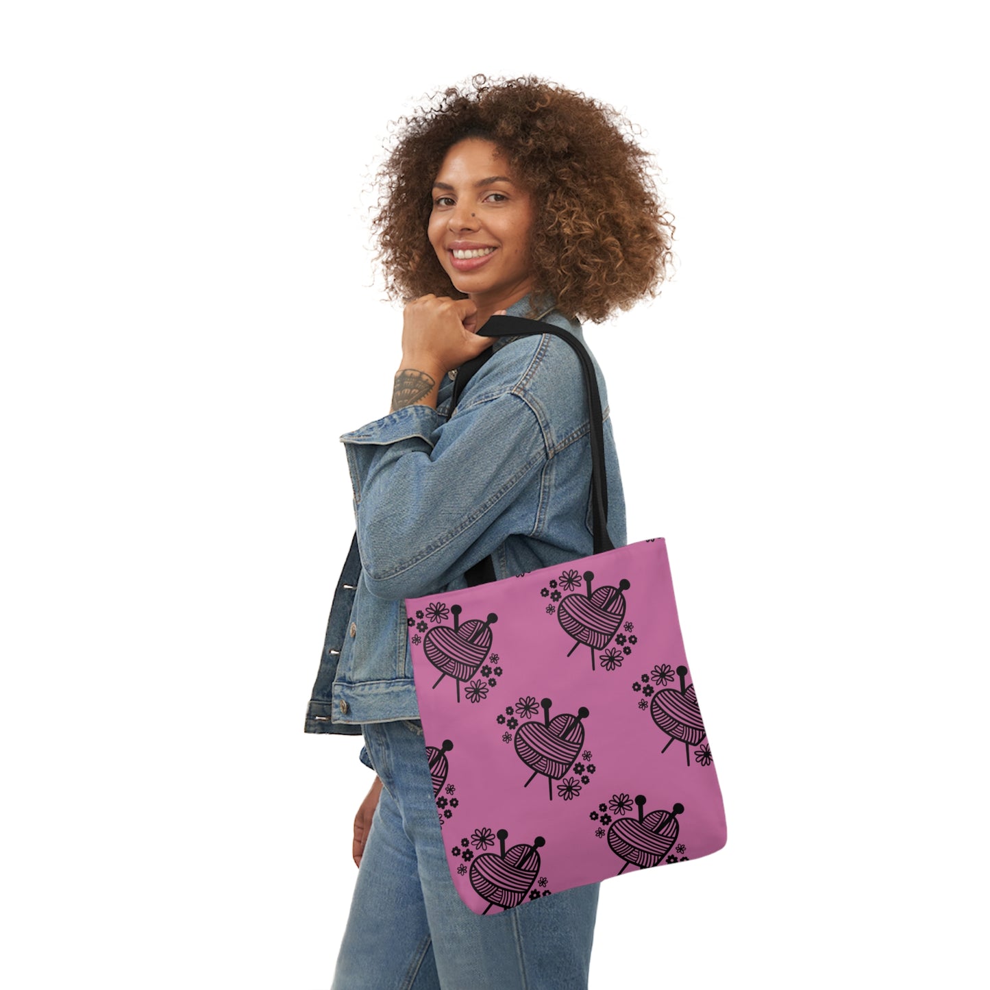 Cute Crochet and Hearts Themed Canvas Tote Bag, Matching Black Strap