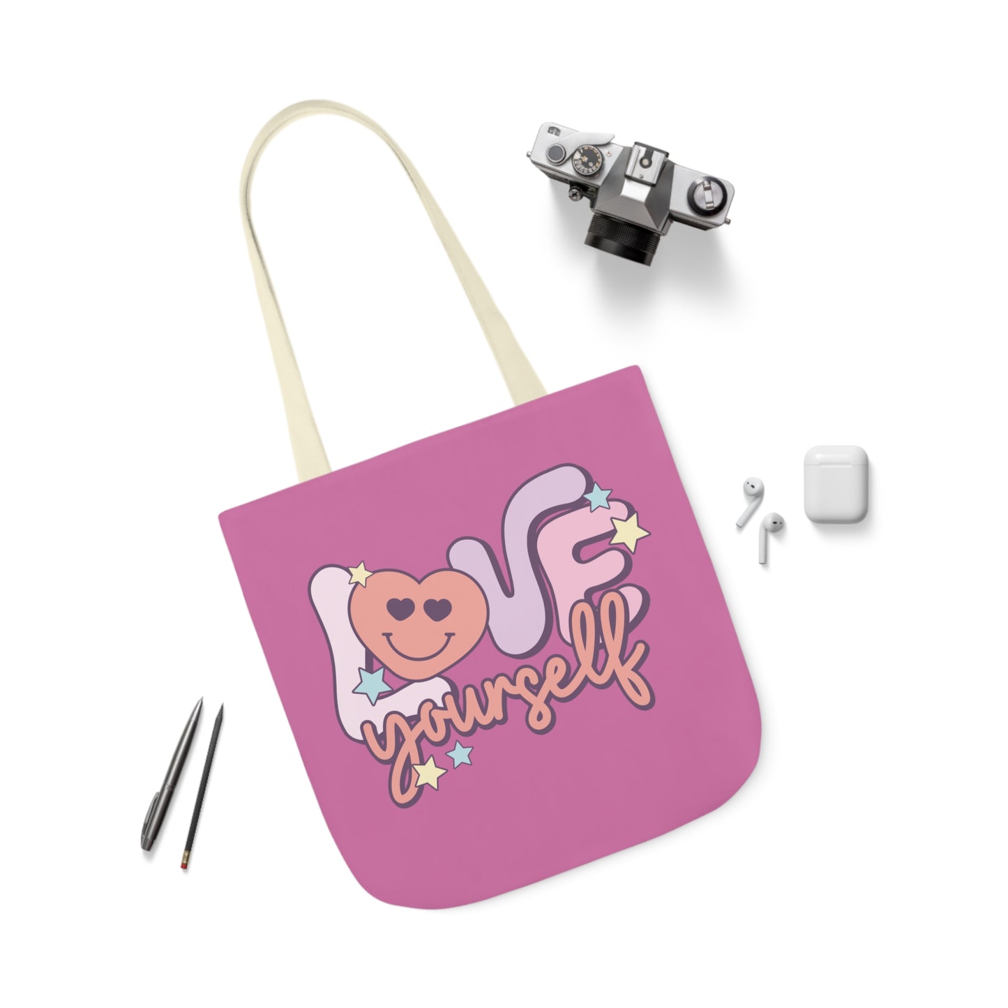 Love Yourself, Inspirational Canvas Tote Bag, 5-Color Straps, 3 Sizes