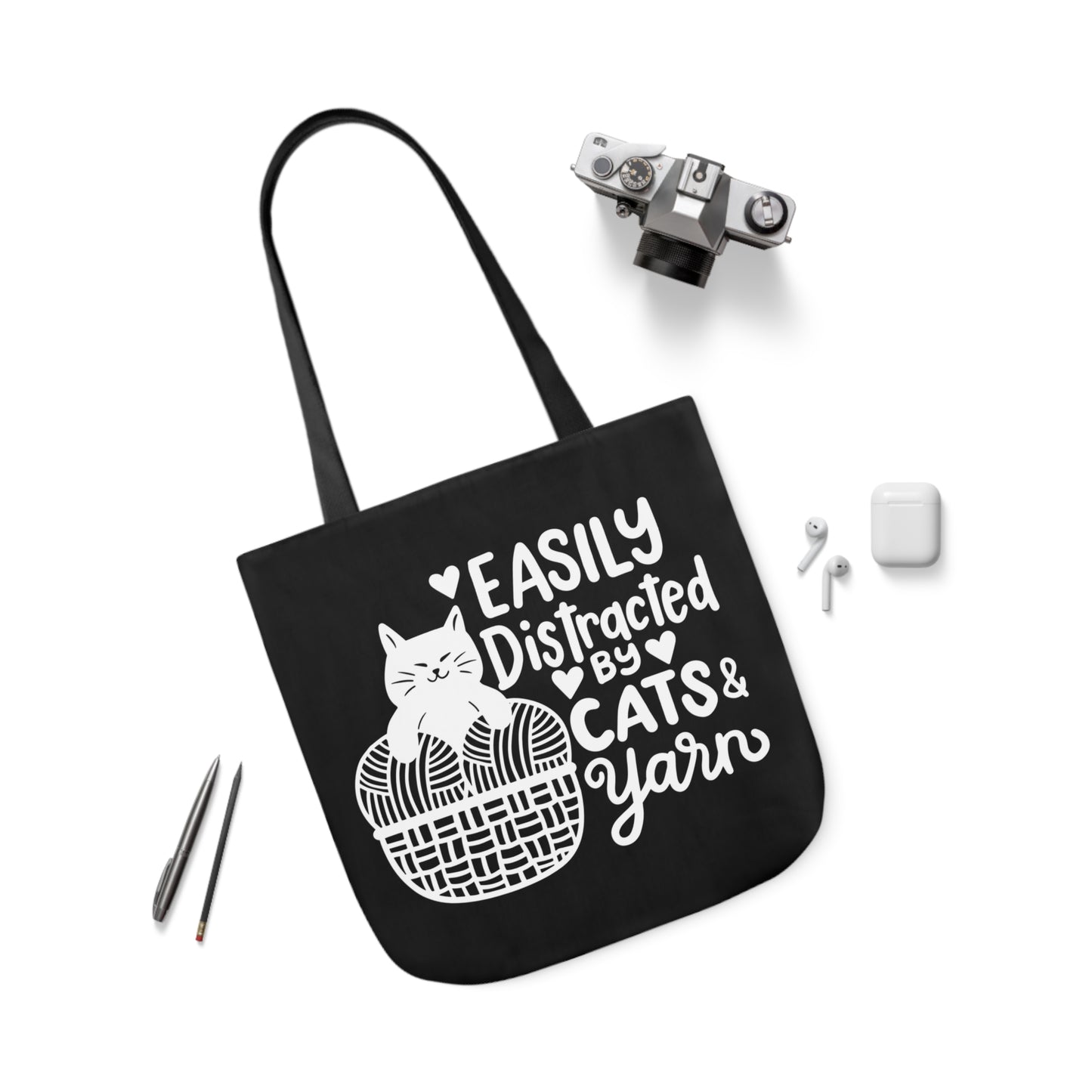 Easily distracted By Cats and Yarn, Canvas Tote Bag, 5-Color Straps, 3 Sizes Yarn Bag