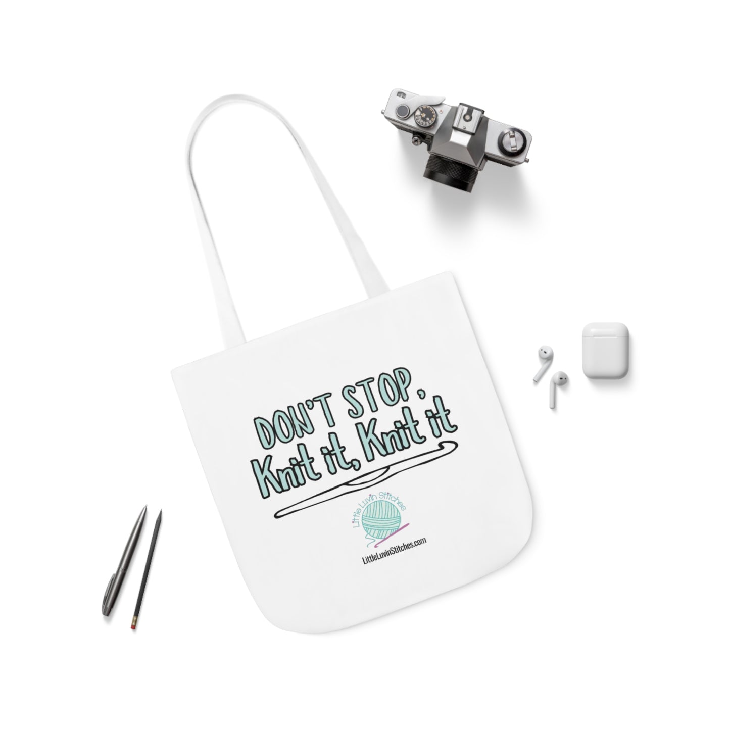 Don't Stop Knit It Knit It Funny Saying Canvas Tote Bag, 5-Color Straps, 3 Sizes