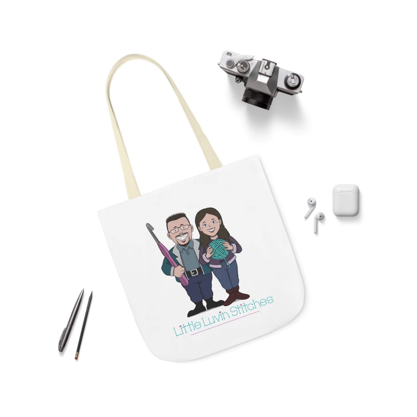 Crochet Couple Canvas Tote Bag, 5-Color Straps, 3 Sizes