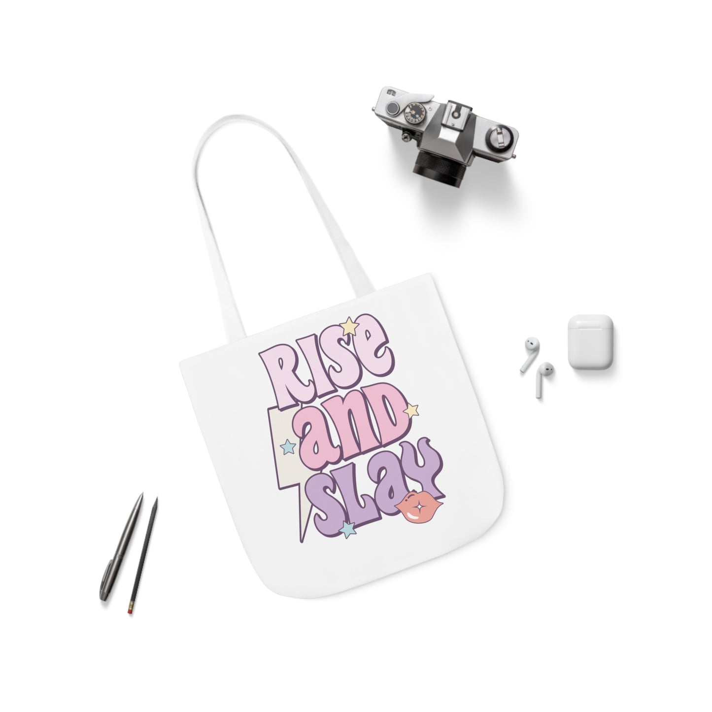 Canvas Tote Bag, 5-Color Straps, 3 Sizes, Rise and Slay, Cute Saying Bag