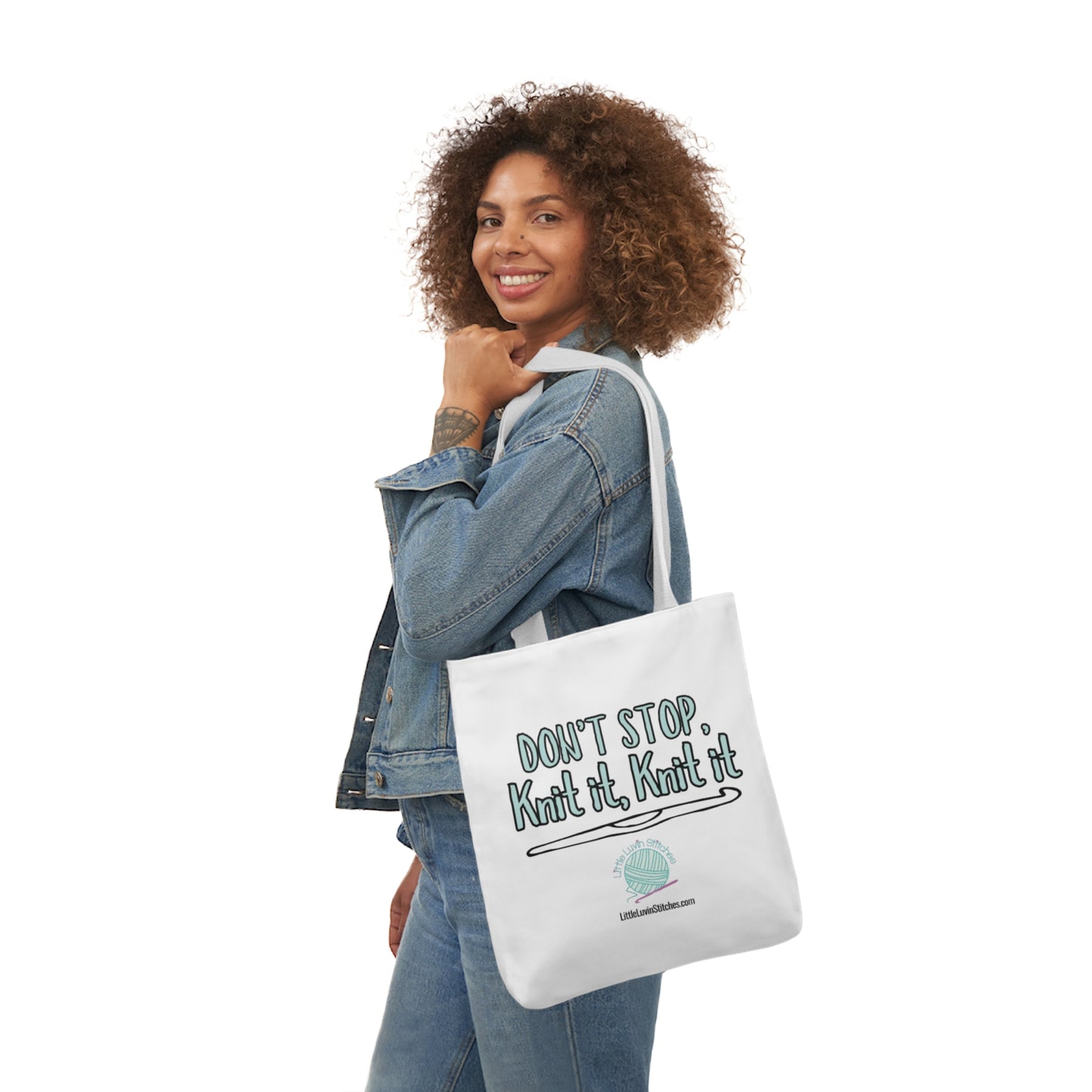Don't Stop Knit It Knit It Funny Saying Canvas Tote Bag, 5-Color Straps, 3 Sizes