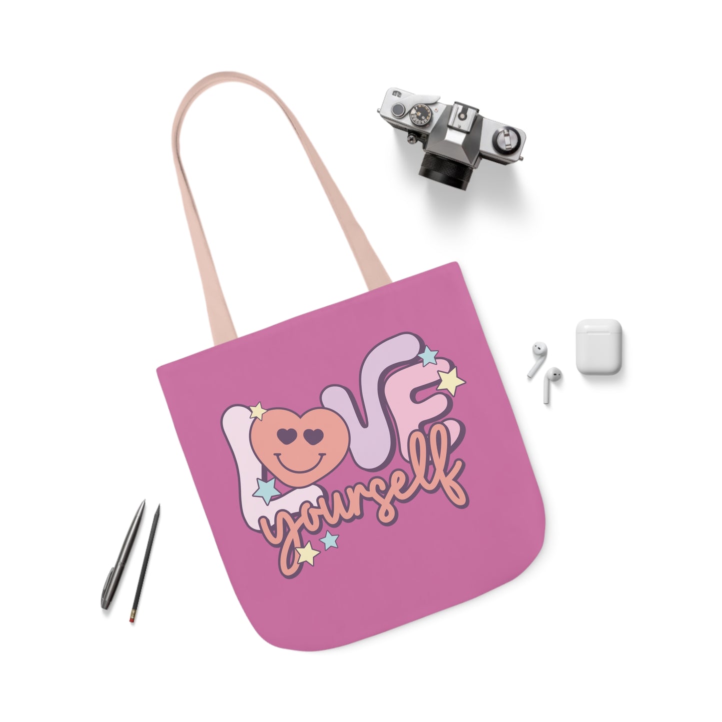Love Yourself, Inspirational Canvas Tote Bag, 5-Color Straps, 3 Sizes