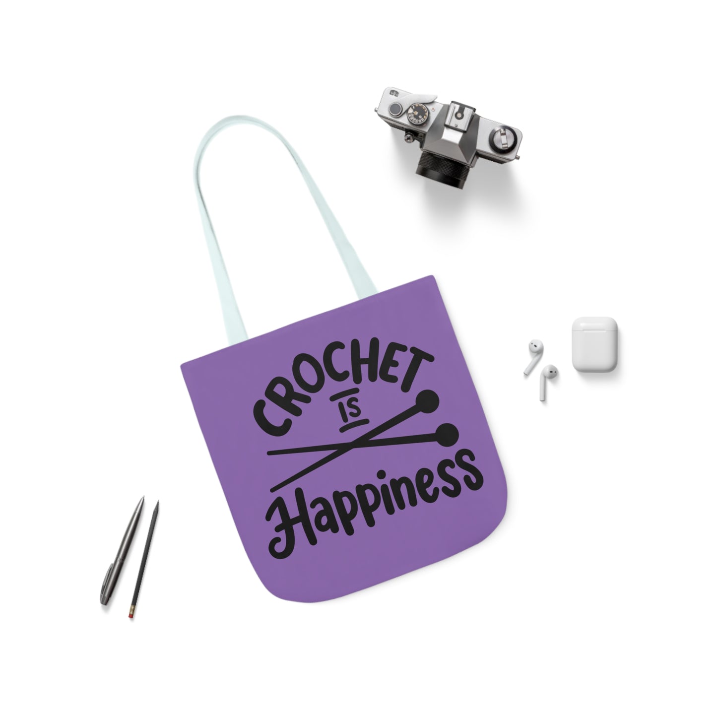 Crochet is Happiness Canvas Tote Bag, 5-Color Straps, 3 Sizes