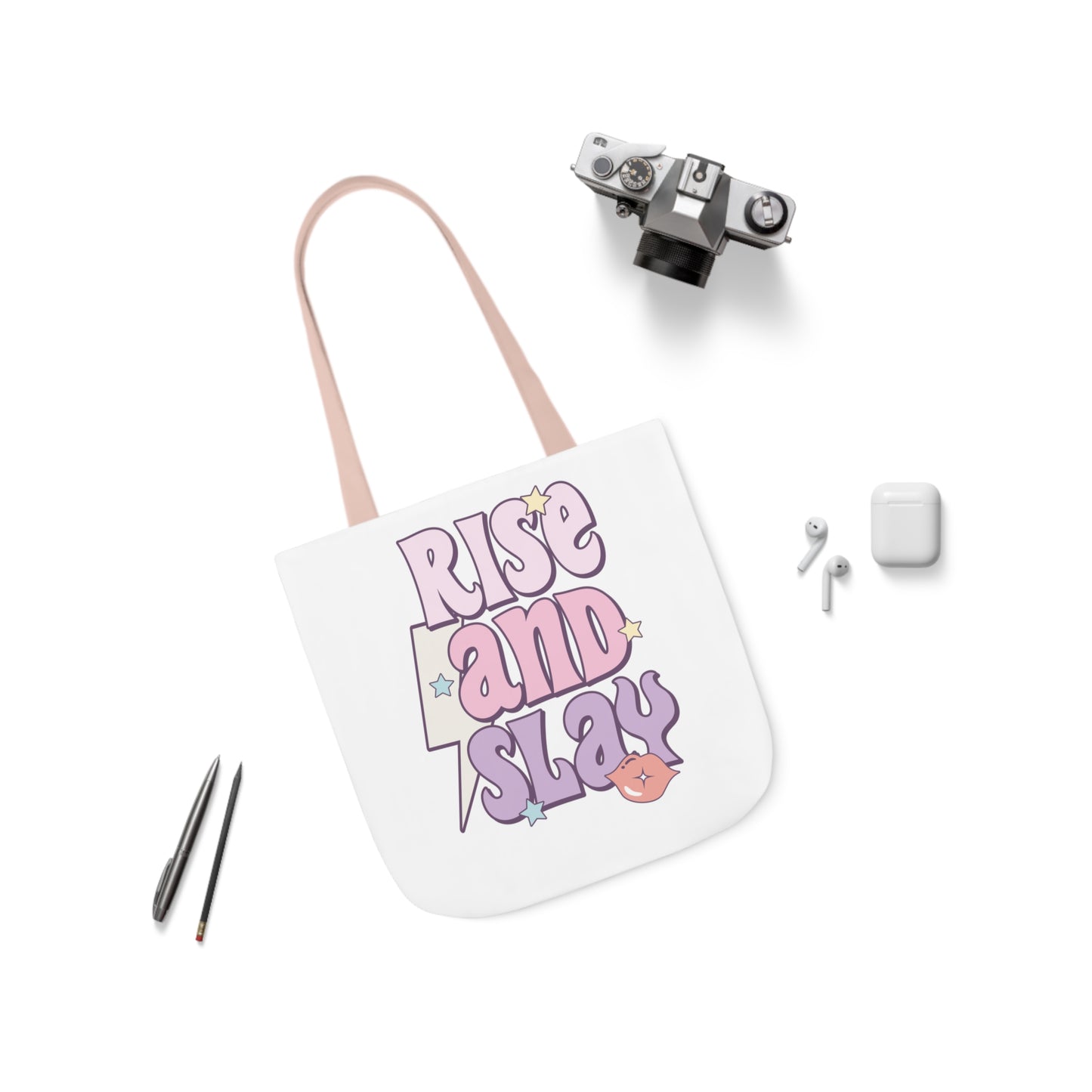 Canvas Tote Bag, 5-Color Straps, 3 Sizes, Rise and Slay, Cute Saying Bag