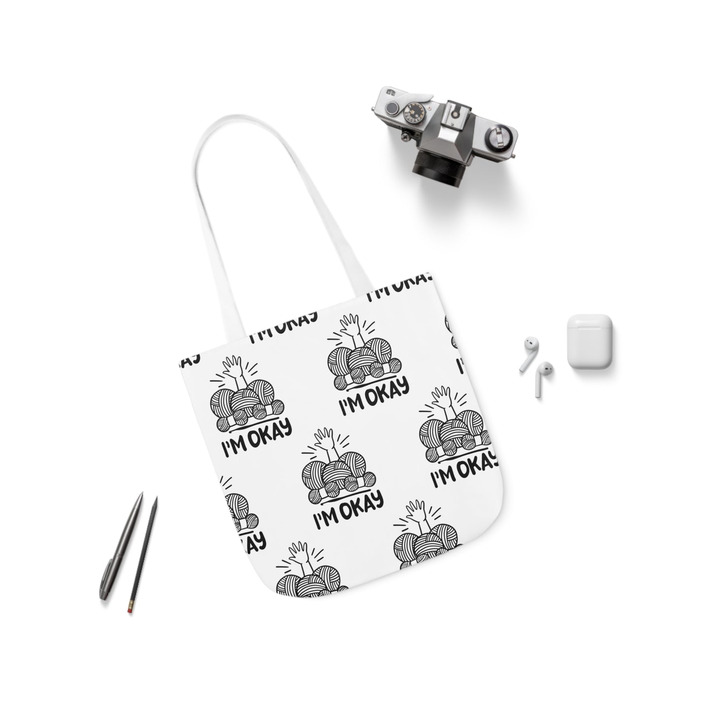 I'm Okay Pattern Canvas Tote Bag, 5-Color Straps, 3 Background Colors, 3 Sizes