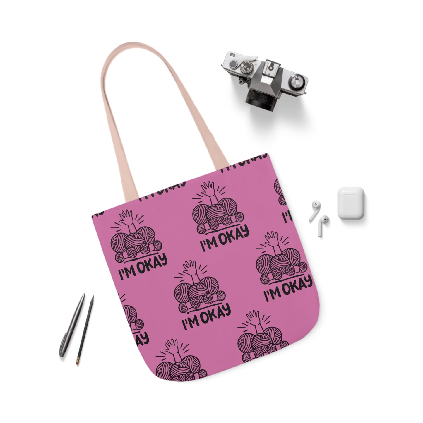 I'm Okay Pattern Canvas Tote Bag, 5-Color Straps, 3 Background Colors, 3 Sizes