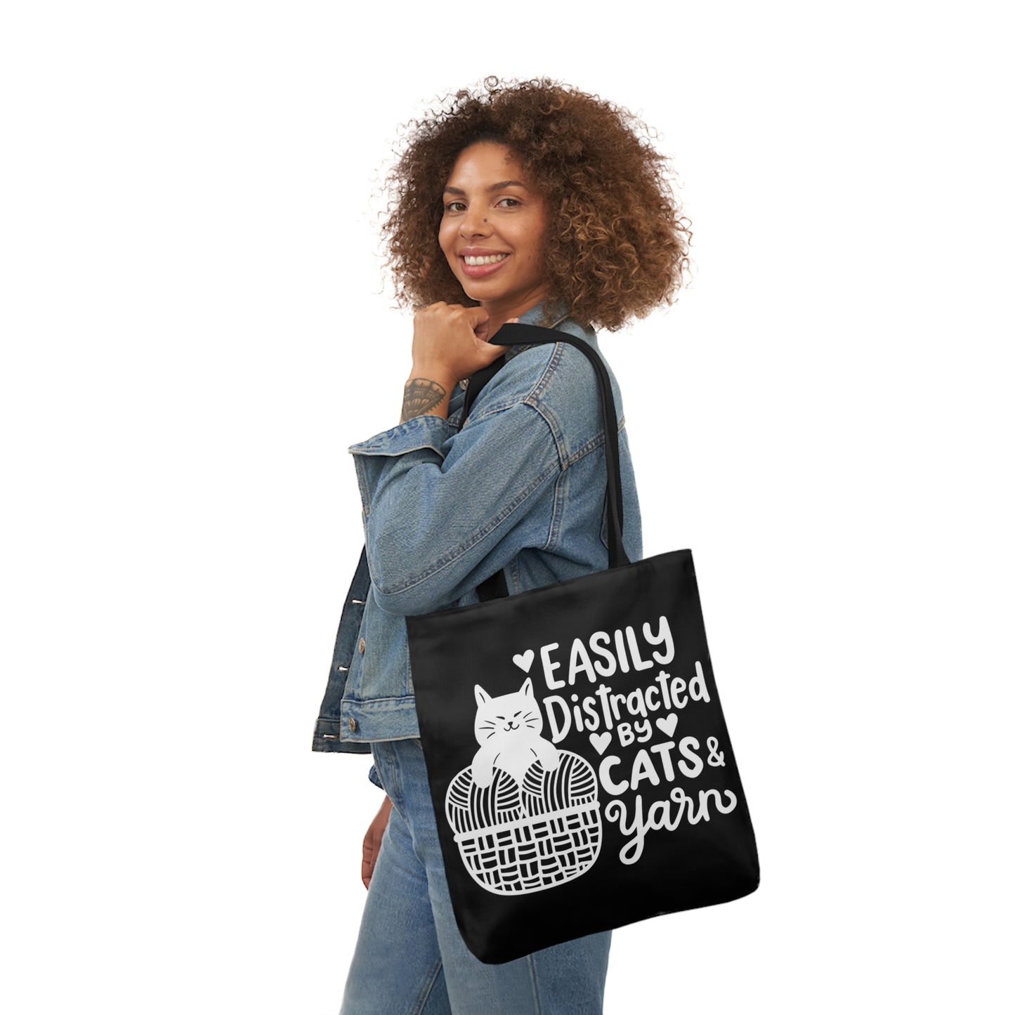 Easily distracted By Cats and Yarn, Canvas Tote Bag, 5-Color Straps, 3 Sizes Yarn Bag