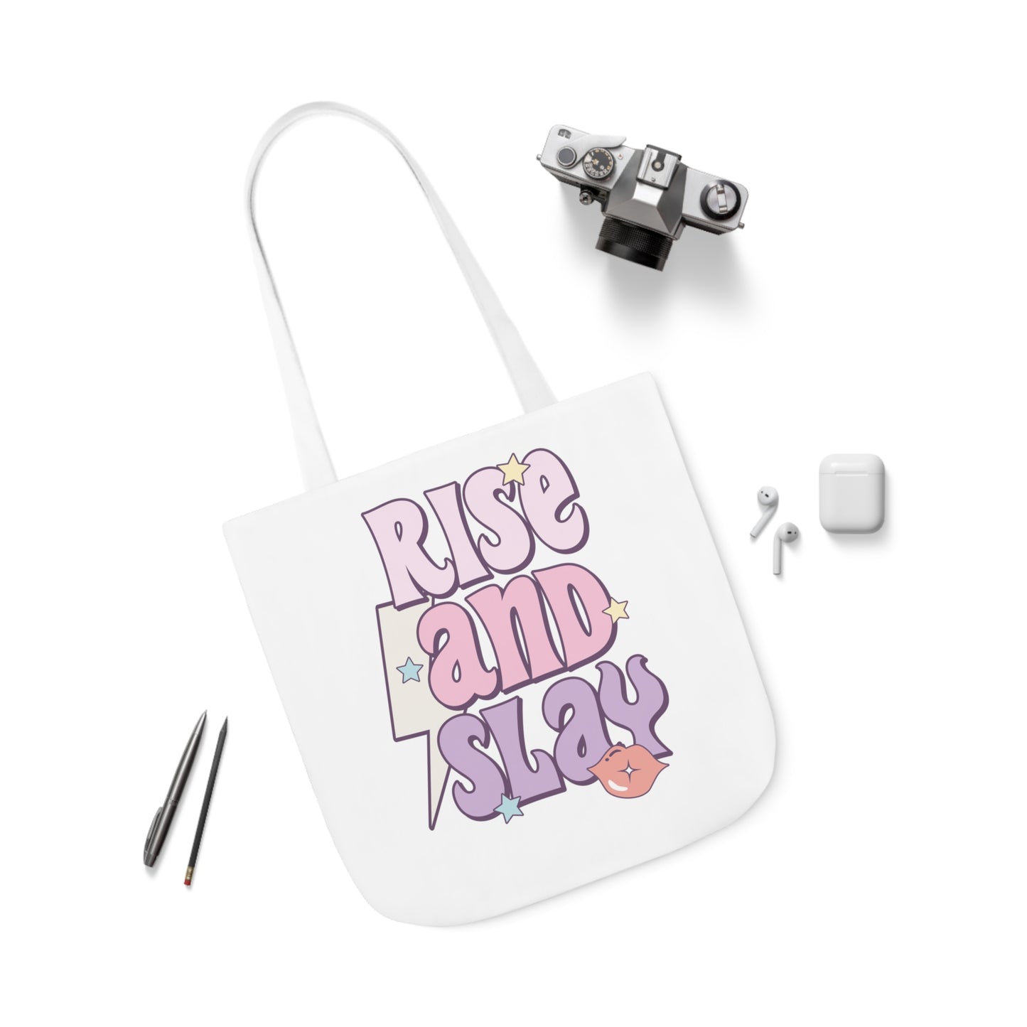 Canvas Tote Bag, 5-Color Straps, 3 Sizes, Rise and Slay, Cute Saying Bag