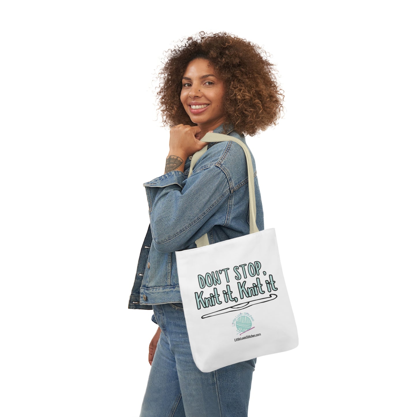 Don't Stop Knit It Knit It Funny Saying Canvas Tote Bag, 5-Color Straps, 3 Sizes