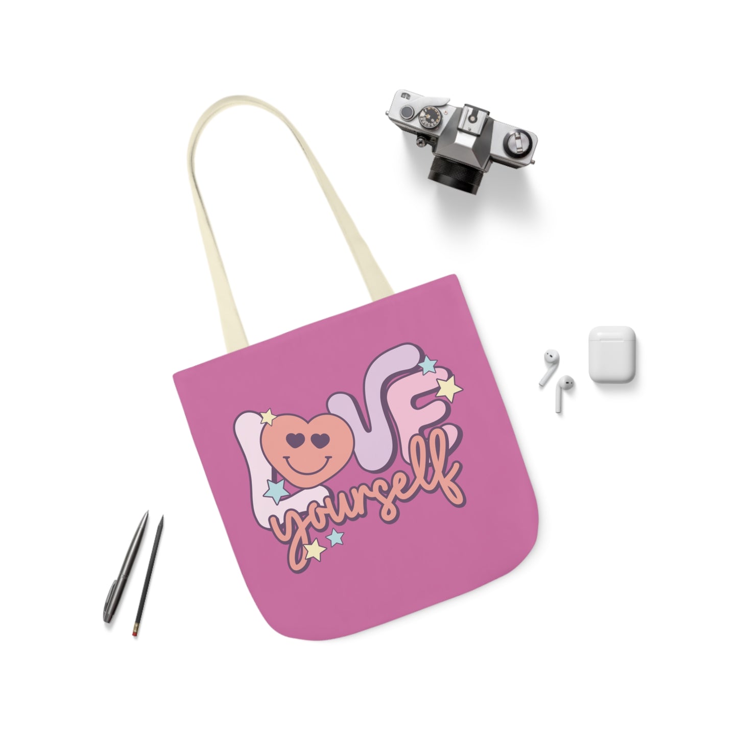 Love Yourself, Inspirational Canvas Tote Bag, 5-Color Straps, 3 Sizes