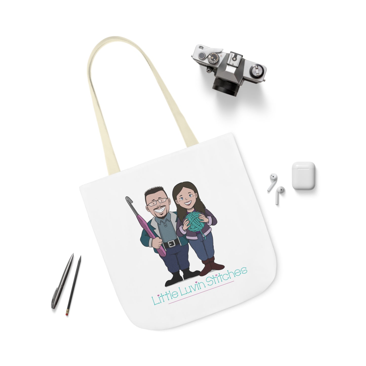 Crochet Couple Canvas Tote Bag, 5-Color Straps, 3 Sizes