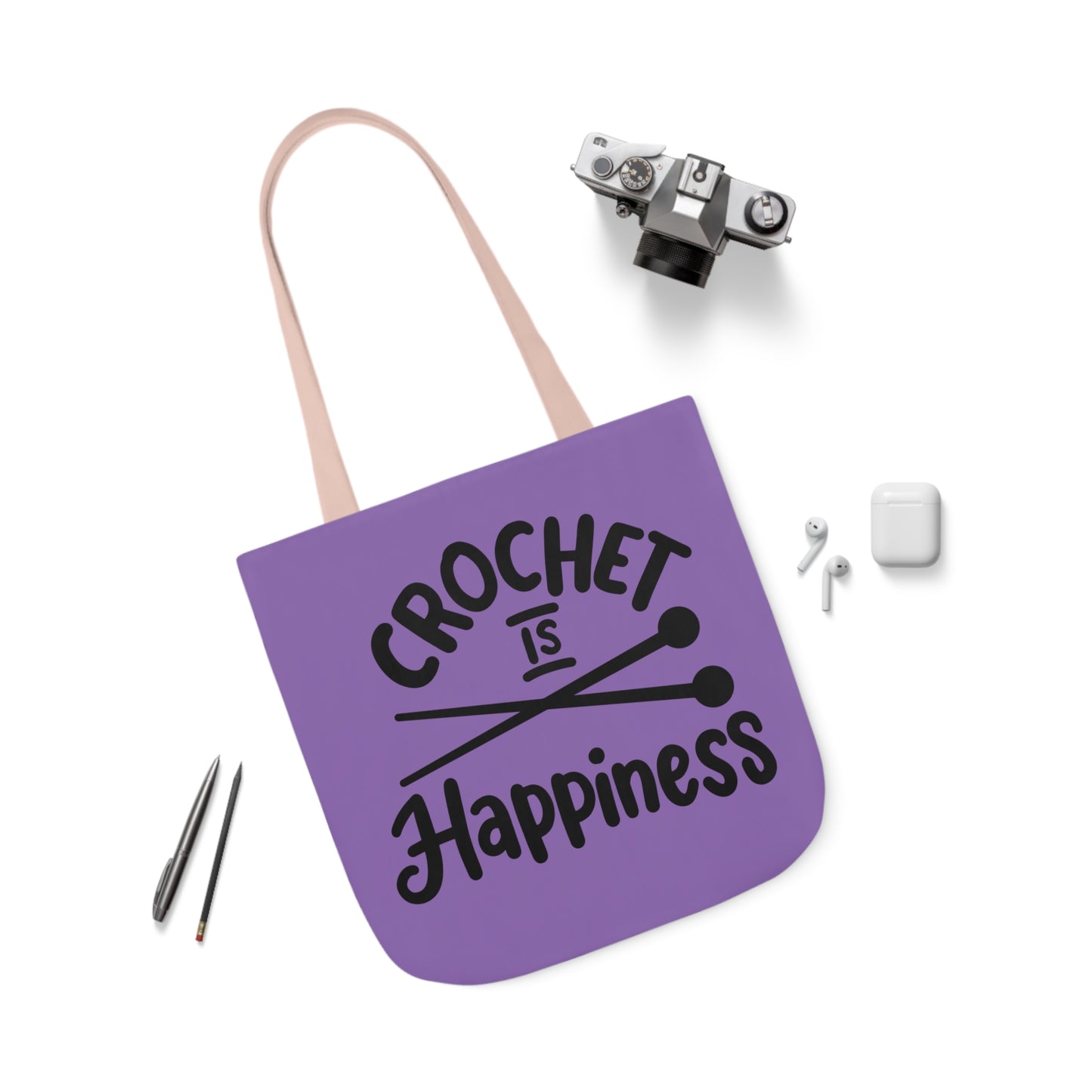 Crochet is Happiness Canvas Tote Bag, 5-Color Straps, 3 Sizes